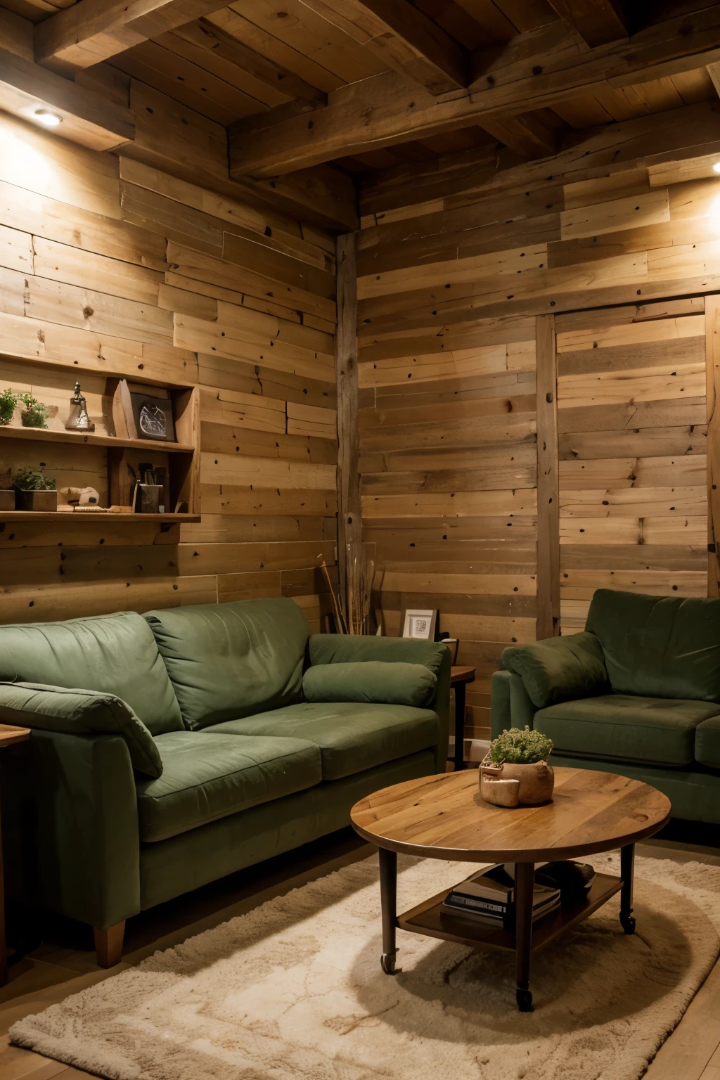 living room with wooden walls and a dark green sofa