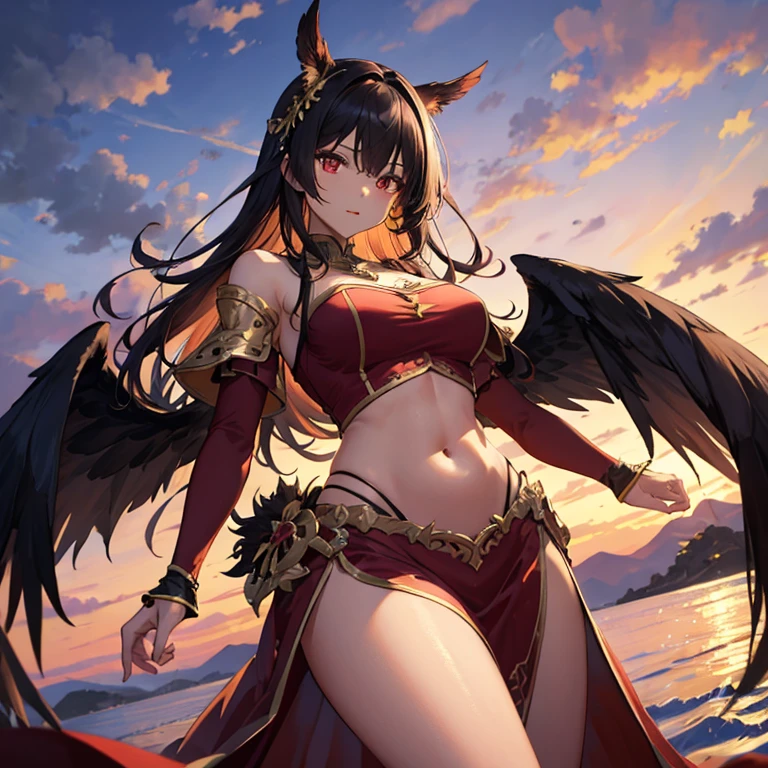 Thighs、Dark skin、Red clothes、belly button、shoulder、turbaned、The background is the wilderness、outside、long hair、Red eyes、Red sunset、Open-chested clothing、Black wings、
