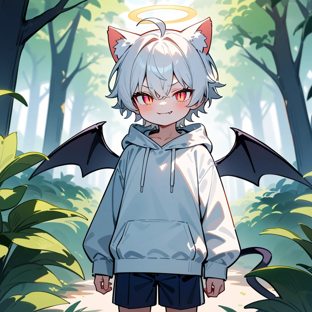 （masterpiece：1.2，high quality），8K，High resolution，A -year-boy，c boy，white hair，short hair，light red eyes，slit pupils， ahoge，cat ears，evil smile，fang out，Halo，It has black wings on the back，Wearing a white hoodie，Dark blue shorts，Stand in the forest，There are flowering trees on both sides.，primary scho，demon tail