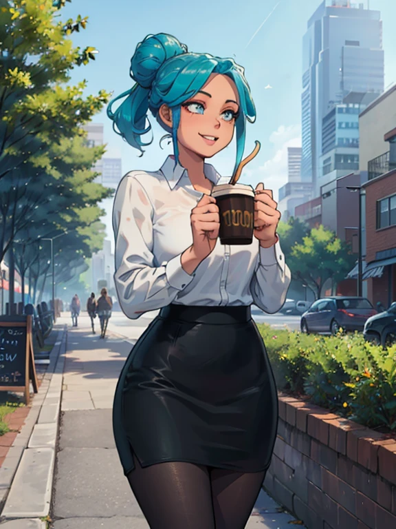 high_aesthetic, art by Betterwithsalt, 1girl, aqua blue hair, hair up, blue eyes, black pencil skirt, dress shirt, black tights, happy expression, tight clothes, (((skinny))), ((holding coffee)), walking with confidence, city background with lots of trees and buildings, (cowboy shot), (best quality, masterpiece)