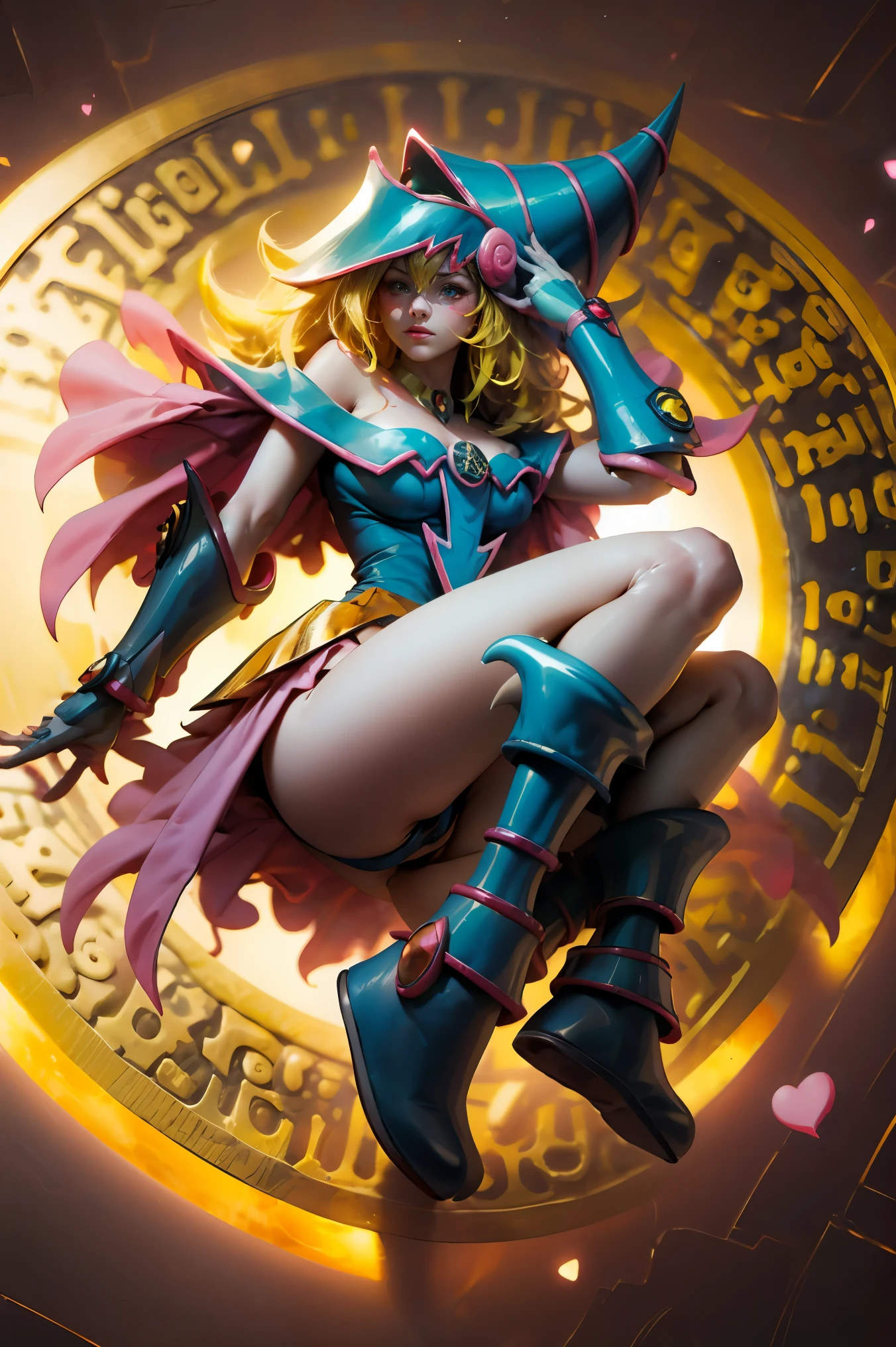 (Obra maestra:1.2), (La mejor calidad:1.2), Perfect lighting, Chica Maga Oscura lanzando un hechizo, flotando en el aire, tetas grandes, escote, fondo de magia. Corazones transparente en el hambiente, bata azul, sombrero grande, desde arriba, Destellos, Yugioh Card en el fondo. En tacones y en bikini 
