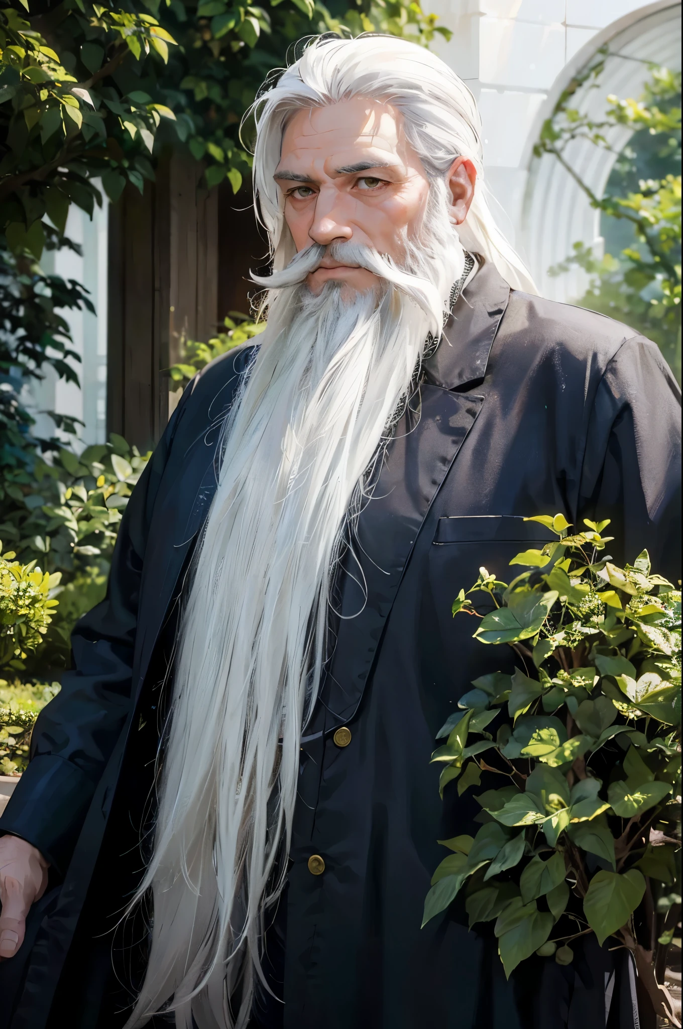1male, solo, older man, white hair, white beard, gardener, fantasy, in a fantasy imperial garden, high quality