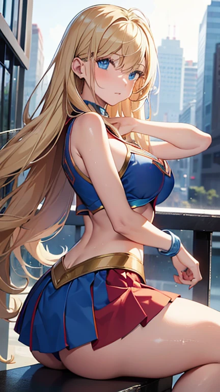 ((Best quality, Masterpiece, Nonsense)),1girll:1.9, Sexy, ( 18 years old, Expressive blue eyes, shoulder-length blonde hair, Long hair,Loose and fluffy hair),Dressed Supergirl cosplay (Super Girl Suite custom role-playing), Shortest red skirt,eechi, Terrace in 1 building, supergirl, cleavage, tiny thong, big tits, big butt, tiny top suit, sexy hero pose, hard niples, sweaty skin, side boob, super girl logo in the chest