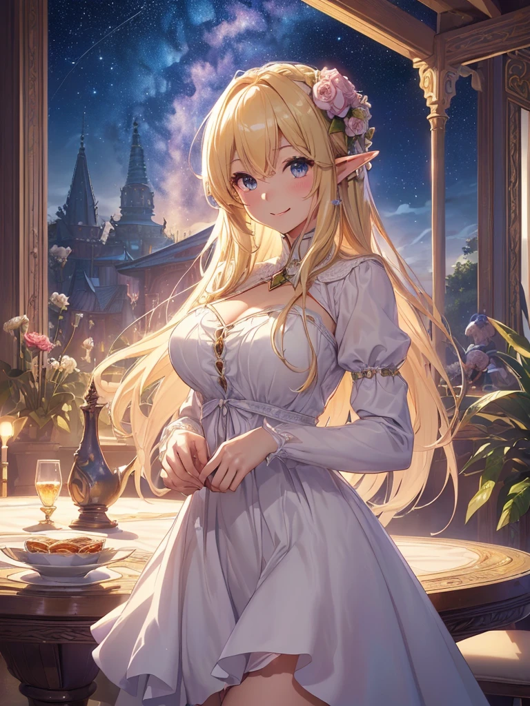 最high quality、Best image quality、masterpiece、Beautiful Face、、Titania、Super beautiful elf girl((22 year old office lady big bust、Bust 90,Beautiful long ironed hair、blonde、height: 165cm。thin、Beautiful dress、cowboy shot,、Esbian、table、tea、spring、Sunrise、night、star、Milky Way、starrynight.high quality、美しいart、、Pieces fly、ビジュアルart、Depth of written border、flowerの冠、ライトのmagic、universe、Happy smile、gentle lights、Beautiful Forest、、、elegant、ticker beautiful decorative、、、mystery的な Rosa、Rose、 null、art、Lord of the Ring、Spectacular scenery、sexy、A friendly smile、Marble pillar、Wonderful nature、universeのmagic、magicのライト、Fantasy、flower、super REALITYa lotのRose、magic、Grow Fantasy、、mysteryのライト、Art Nouveau、Alphonse a lot、、art、art,mystery,UHD,magicalgentle light,sexy