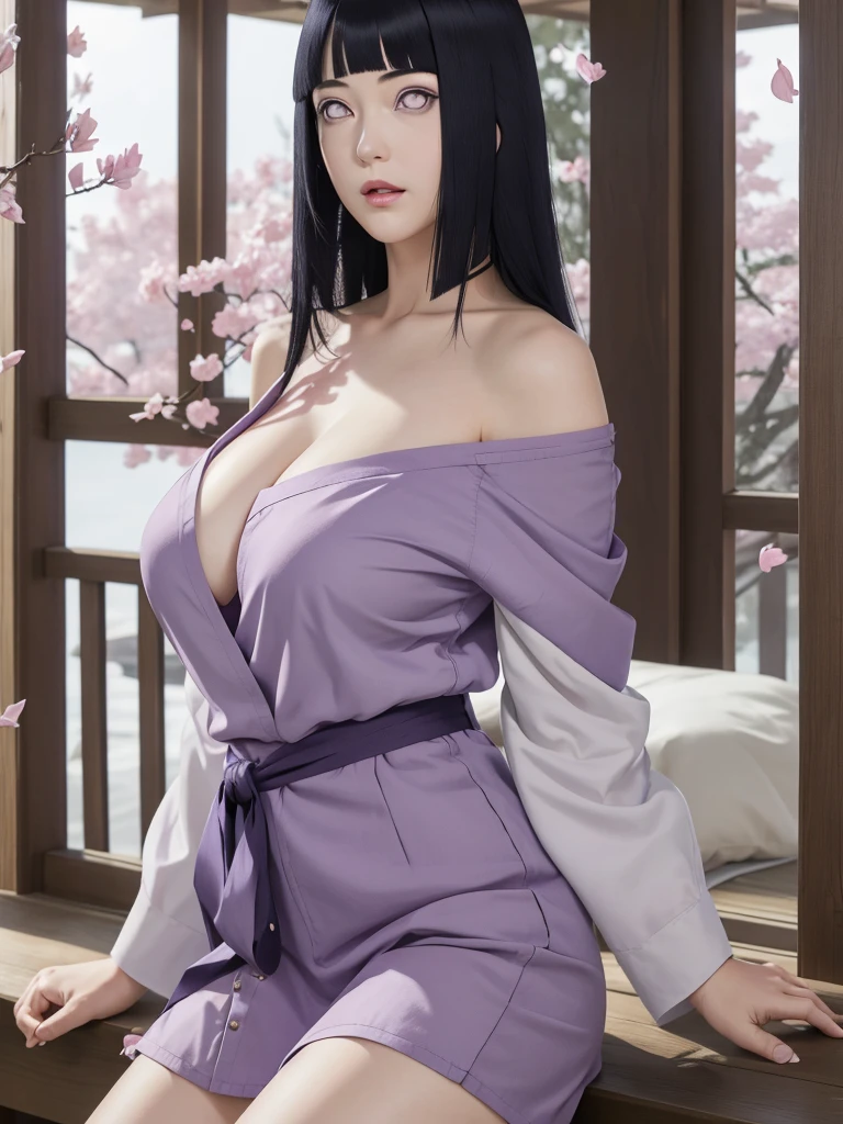 (masterpiece), best quality, 1girl, looking at viewer, (hinata)\(shippuden\), parted lips, wind lift, bottomless, purple fabric ,blue black hair, long hair, white eyes, solid eyes, large breast masterpiece, absurdres, hinata\(boruto\), 1girl, solo,mature female, off-shoulder oversized shirt, looking at viewer, (falling petals), perfect composition, detailed lips, big breast, beautiful face, body propotion, blush, (pink lips), long hair, purple eyes, soft gaze, super realistic, detailed, photoshoot, realistic face and body,
