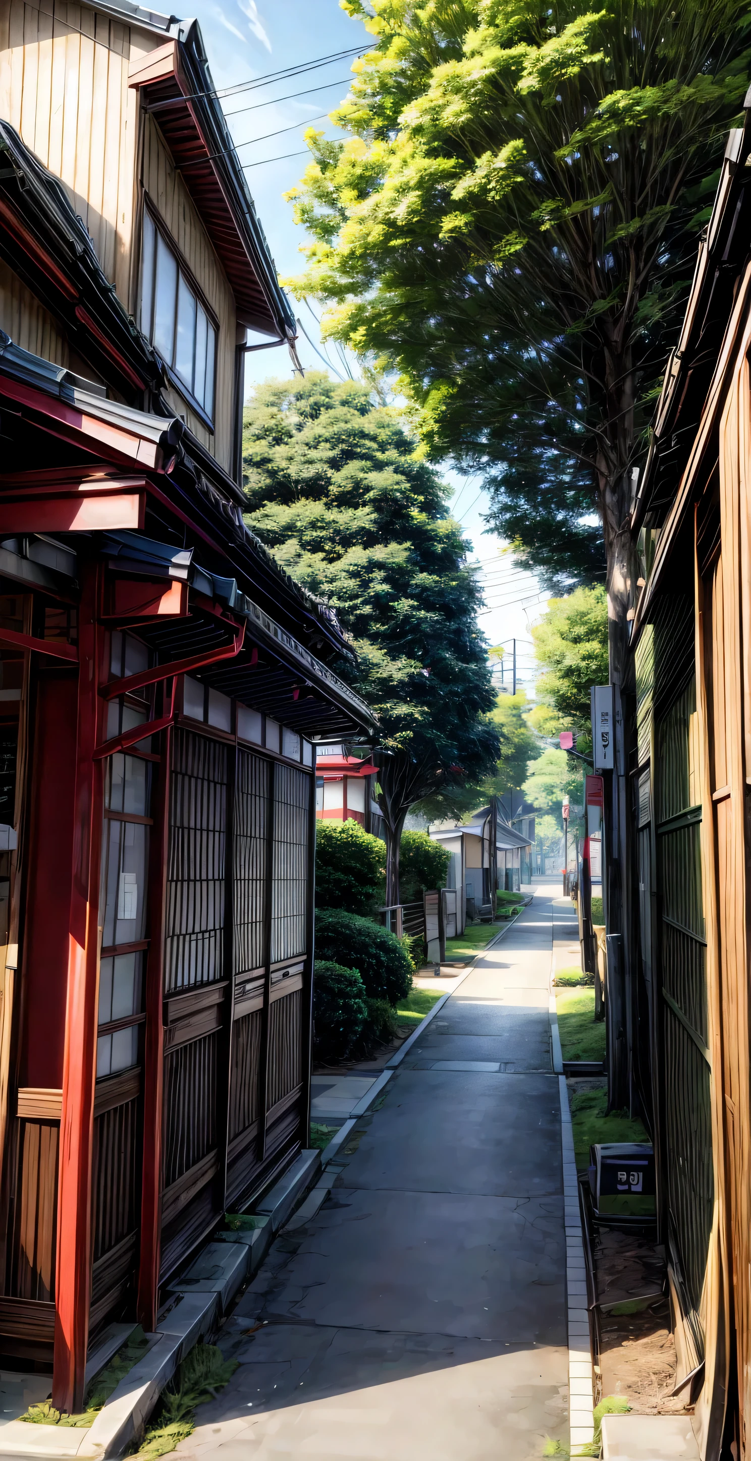 Beautiful Japanese street, camera focus on kiosk, grass and trees look great, although not in abundance, 
