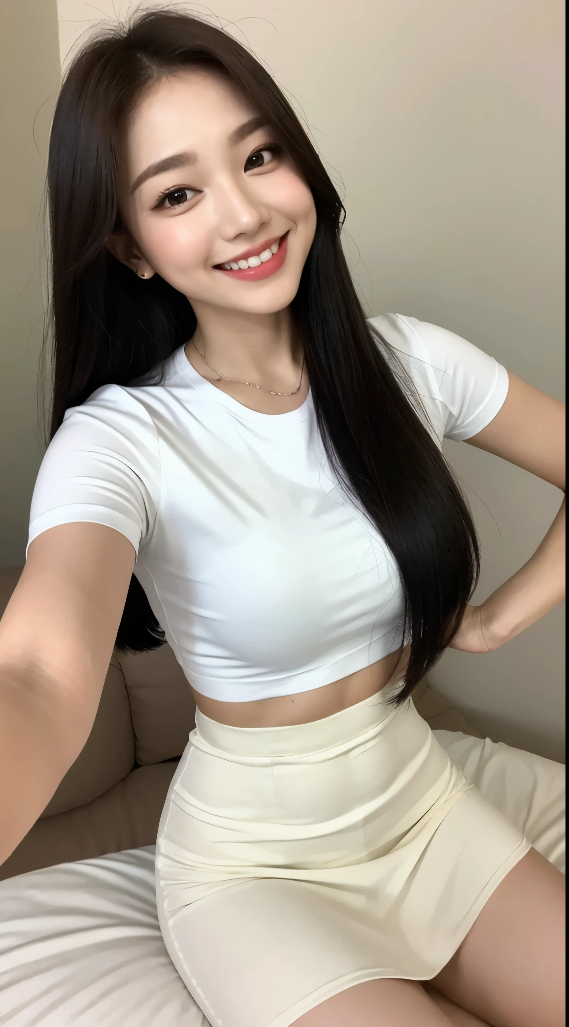 White tight shirt、White tight mini skirt、bed、smile、Short sleeve、high resolution、Korean idol face、double eyelid、White teeth