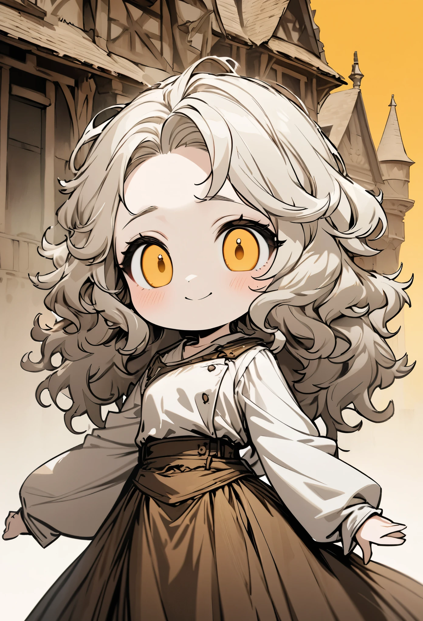 chibi, best quality, super fine, 16k, incredibly absurdres, extremely detailed, delicate, flashy and dynamic depiction, cute white woman, shy, smile, orange wavy messy hair, wearing white long-sleeved and long skirt work clothes, portrait, gold eyes, background simple color, medieval western-style building