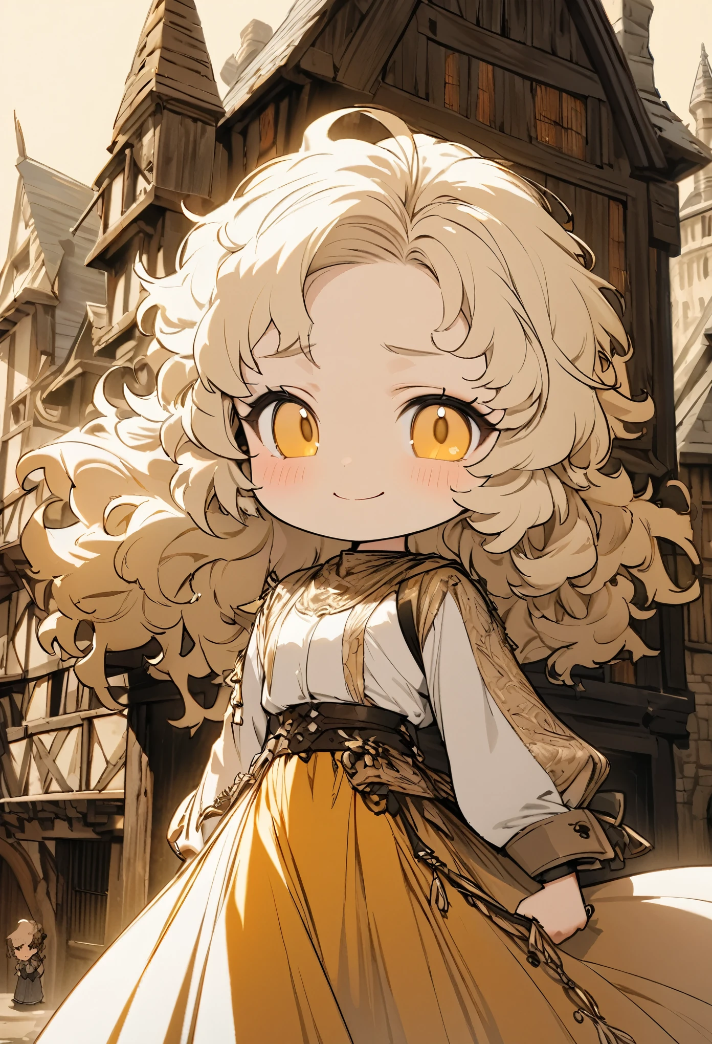 chibi, best quality, super fine, 16k, incredibly absurdres, extremely detailed, delicate, flashy and dynamic depiction, cute white woman, shy, smile, orange wavy messy hair, wearing white long-sleeved and long skirt work clothes, portrait, gold eyes, background simple color, medieval western-style building