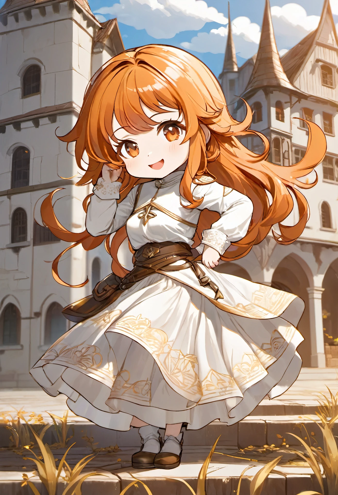 chibi, best quality, super fine, 16k, incredibly absurdres, extremely detailed, delicate, flashy and dynamic depiction, cute white woman, shy, smile, orange wavy messy hair, wearing white long-sleeved and long skirt work clothes, portrait, gold eyes, background simple color, medieval western-style building