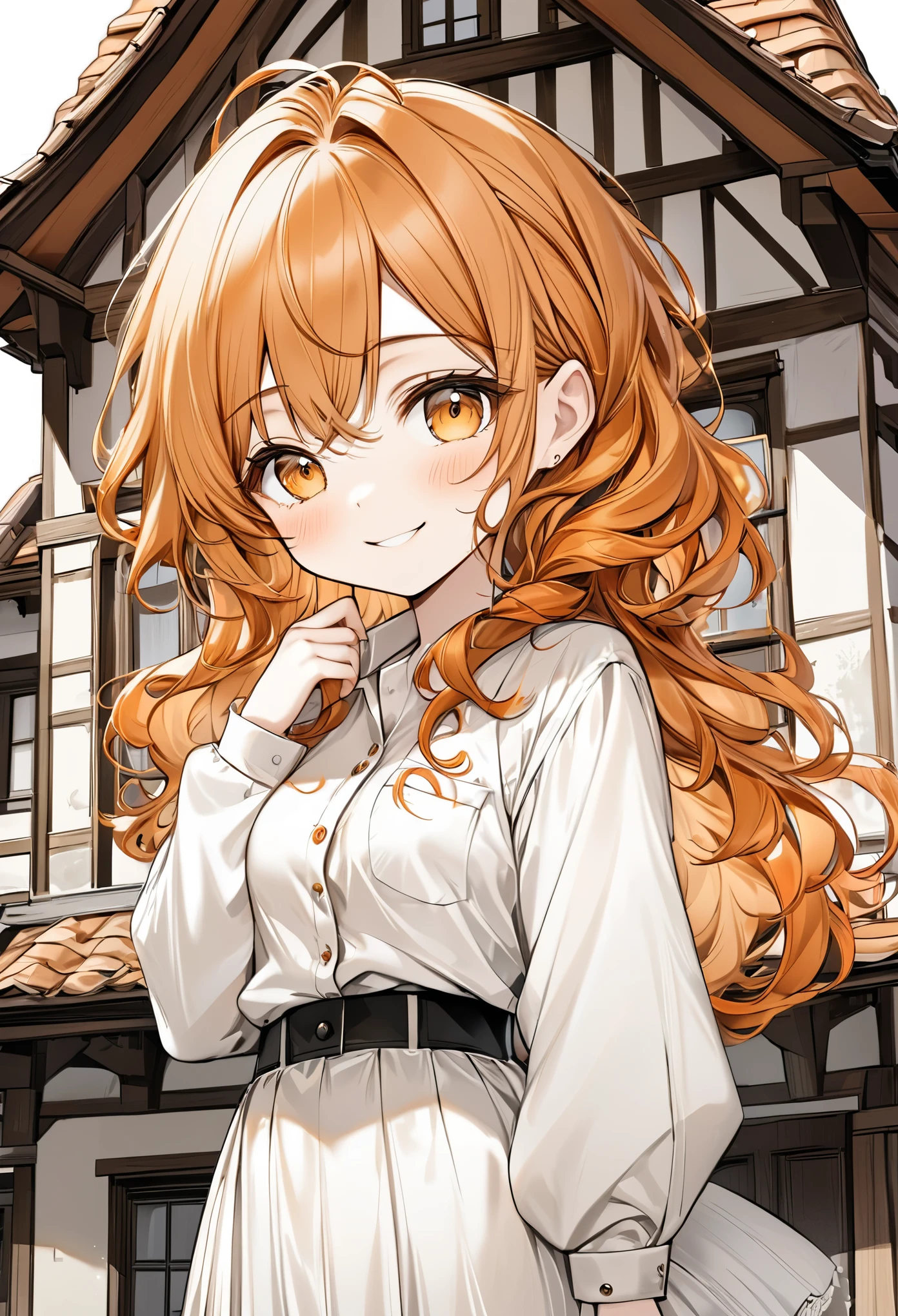 chibi, best quality, super fine, 16k, incredibly absurdres, extremely detailed, delicate, flashy and dynamic depiction, cute white woman, shy, smile, orange wavy messy hair, wearing white long-sleeved and long skirt work clothes, portrait, gold eyes, background simple color, medieval western-style building