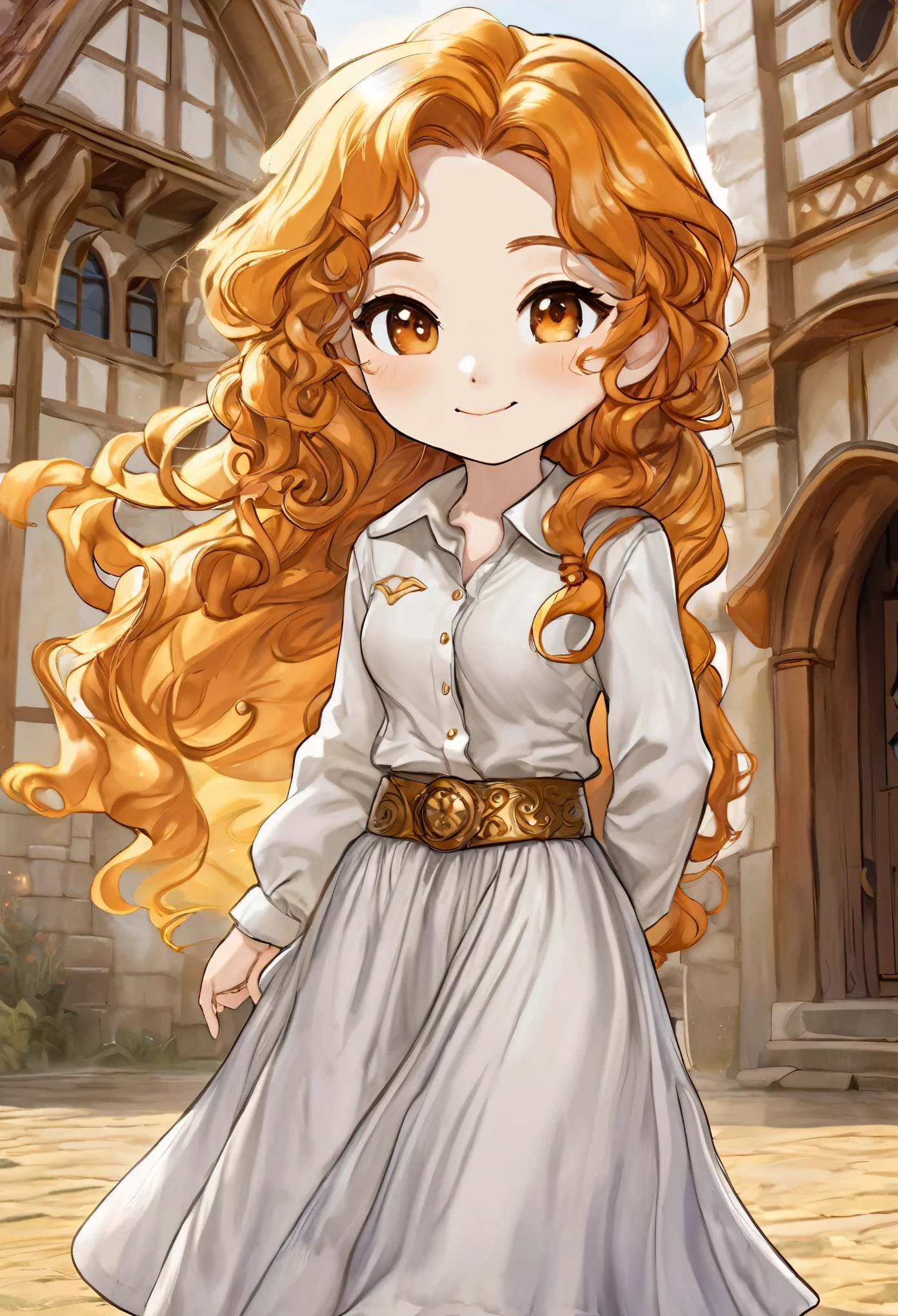 chibi, best quality, super fine, 16k, incredibly absurdres, extremely detailed, delicate, flashy and dynamic depiction, cute white woman, shy, smile, orange wavy messy hair, wearing white long-sleeved and long skirt work clothes, portrait, gold eyes, background simple color, medieval western-style building