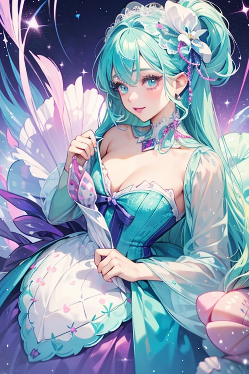 She is a cyan and light green with pink lips, dark blue irises, and eyelashes. Her shell is lavender, with a dark purple swirl. She has a bow that is red with white polka dots on the top of her shell. SPARKLE; GLITTER