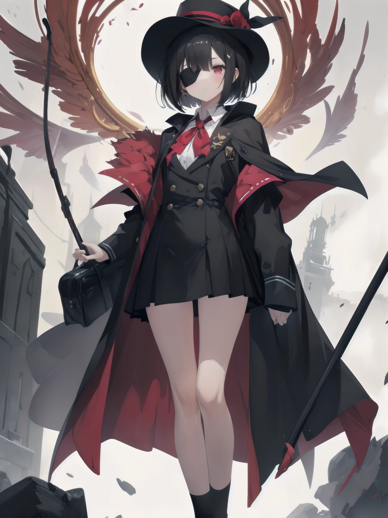 Masterpiece, top quality, super detailed, 16k,
One girl, spring, high school, warm colors, school bag, accurate and highly detailed background, flock of schoolgirls in uniforms of various body shapes and hairstyles, cute.
Blake.
Black hair with a short bob cut with bangs, big red eyes, black cloak, red miniskirt, black pointy hat, and wizard-like outfit.
Robe, cane, eyepatch over left eye,