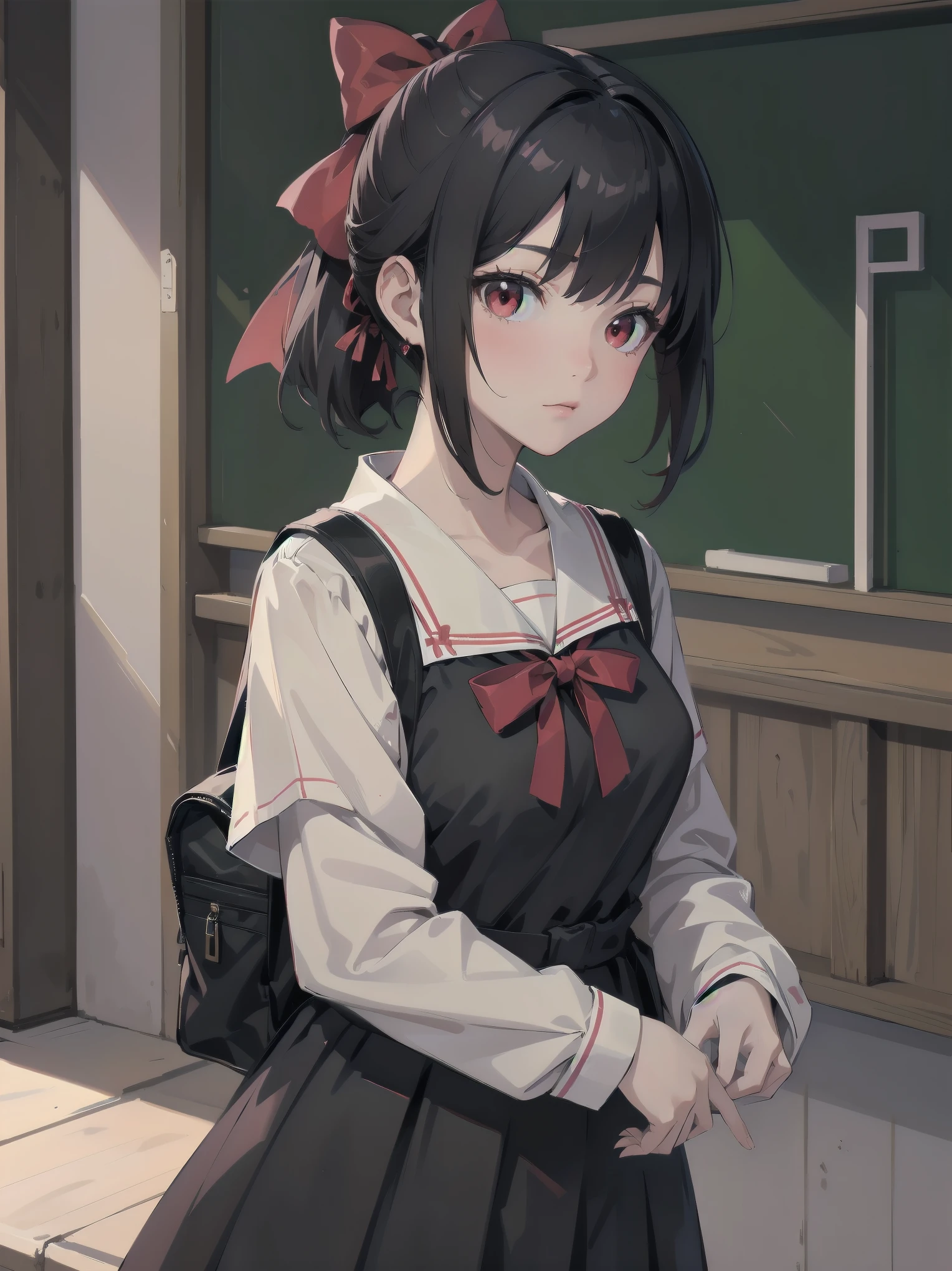 Masterpiece, top quality, super detailed, 16k, One girl, spring, high school, warm colors, school bag, accurate and highly detailed background, flock of schoolgirls in uniforms of various body shapes and hairstyles, cute. Blake. kaguya shinomiya, red eyes, black hair, ribbon, red ribbon, hair ribbon, parted bangs, folded ponytail, , shuuchiin academy , dress, sidelocks, breasts, black dress, collarbone, short hair, long sleeves
