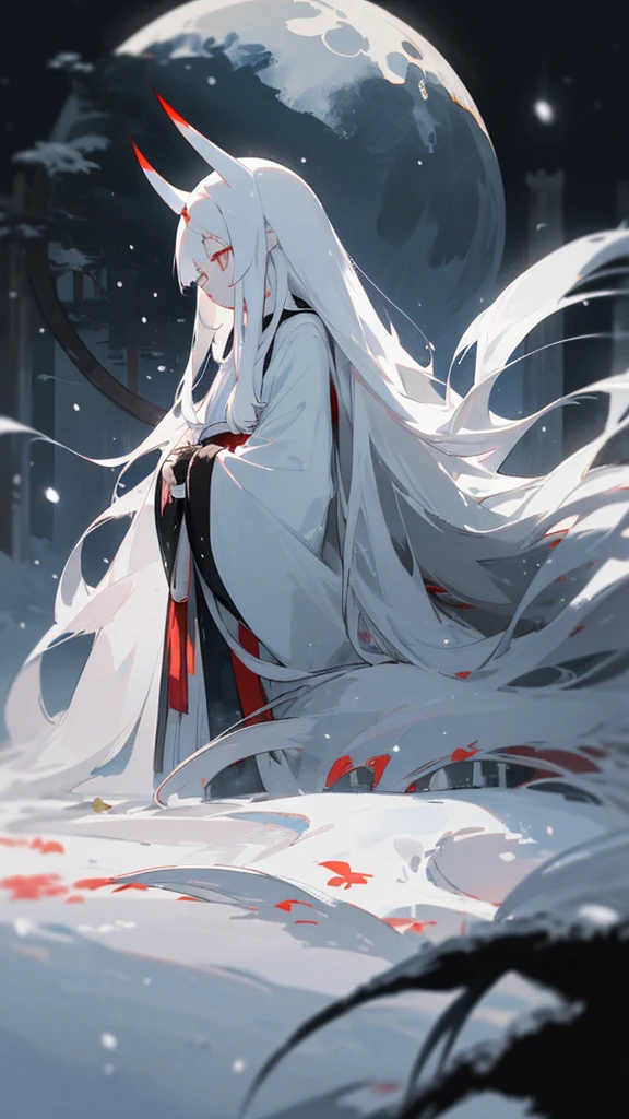 (masterpiece、highest quality)、Warm lighting、 Blurred foreground、Deep in the night、High Contrast,it&#39;s snowing,Black night,full moon,universe,planet,Moon and Earth,Ruined World,Very long white hair,Princess Kaguya,Snow-white long hair,Very small white horn-like hairs,The whole body is shown