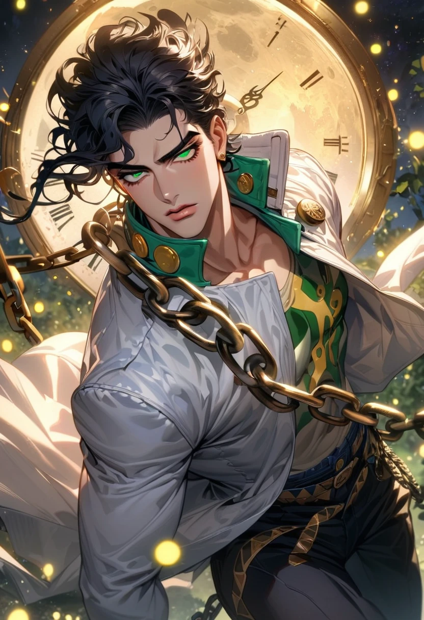 absurdres, highres, ultra detailed, HDR, master piece, best quality, extremely detailed face and eyes, perfect face, Jotaro Kujo, expressive green eyes, black hair, jojo bizarre adventure, solo, sexy man, handsome, white coat, black pants, clock mechanical moon, fantasy, chains, fireflies