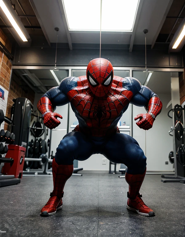 spiderman, super sturdy, big muscle, mecha suit, silver shining dragon armor. gym as background