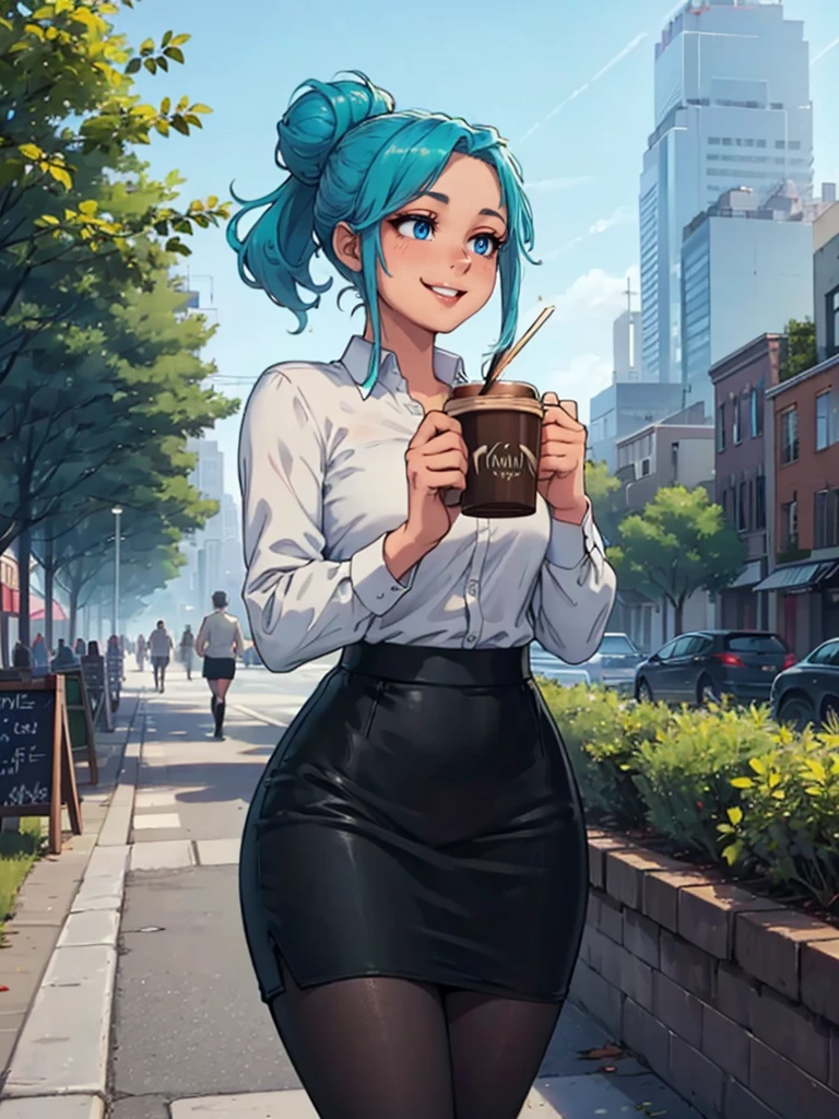 high_aesthetic, art by Betterwithsalt, 1girl, aqua blue hair, hair up, blue eyes, black pencil skirt, dress shirt, black tights, happy expression, tight clothes, (((skinny))), ((holding coffee)), walking with confidence, city background with lots of trees and buildings, (cowboy shot), (best quality, masterpiece)
