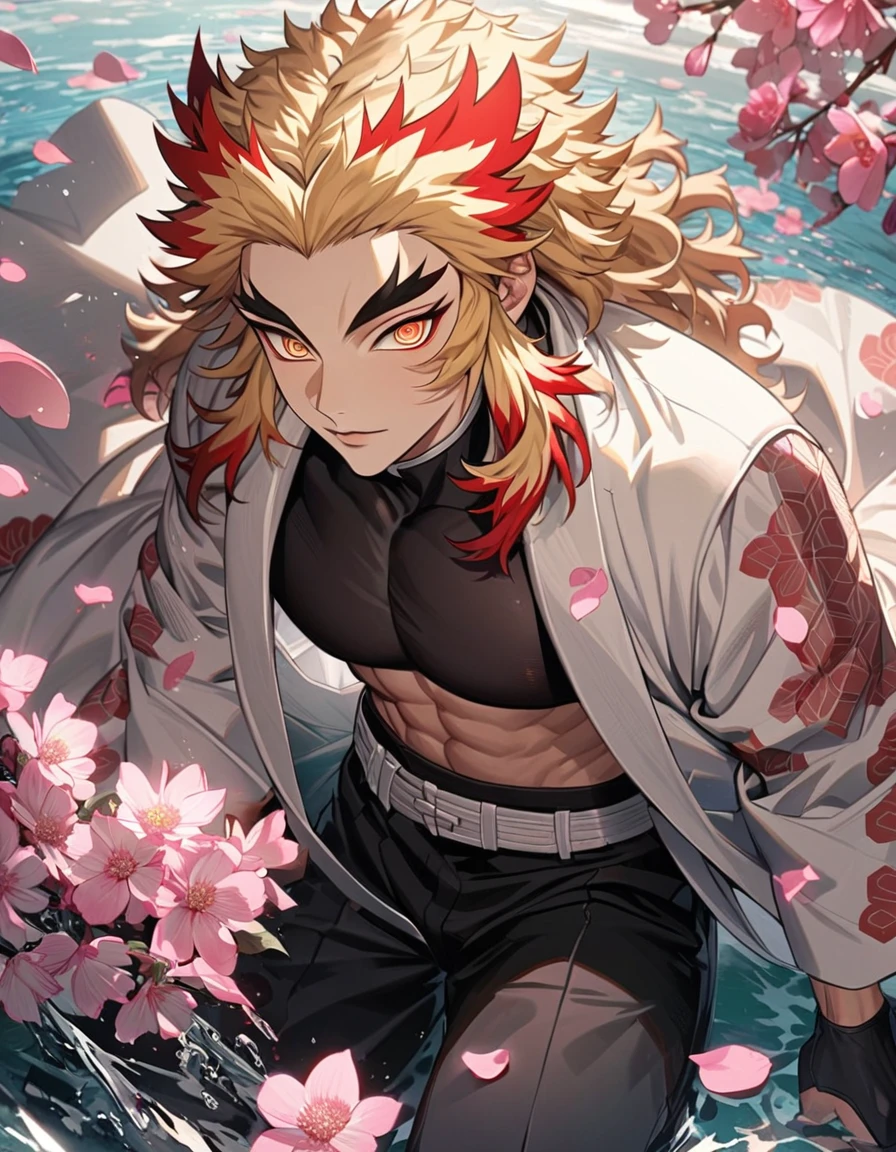 Ultra detailed, Highres, absurdres, Rengoku Kyojuro, blond hair, golden eyes, white long coat with patterns, Kimetsu No Yaiba, pink flowers, petals, extremely handsome, sexy man, toned chest, solo, very detailed eyes and face, black gloves, water, black pants, pink butterflies, black tight t-shirt,