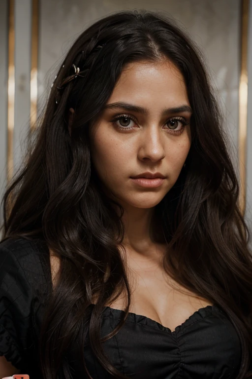 Viking princess, woman, soft, long hair, black hair, brown skin, dark eyes, long dress, natural, face detailed, ultra high-detailed, square face, shield, big eyes, captivating eyes, natural hair, curly hair, realistic photo, long face, maternal, big lips, glare, married