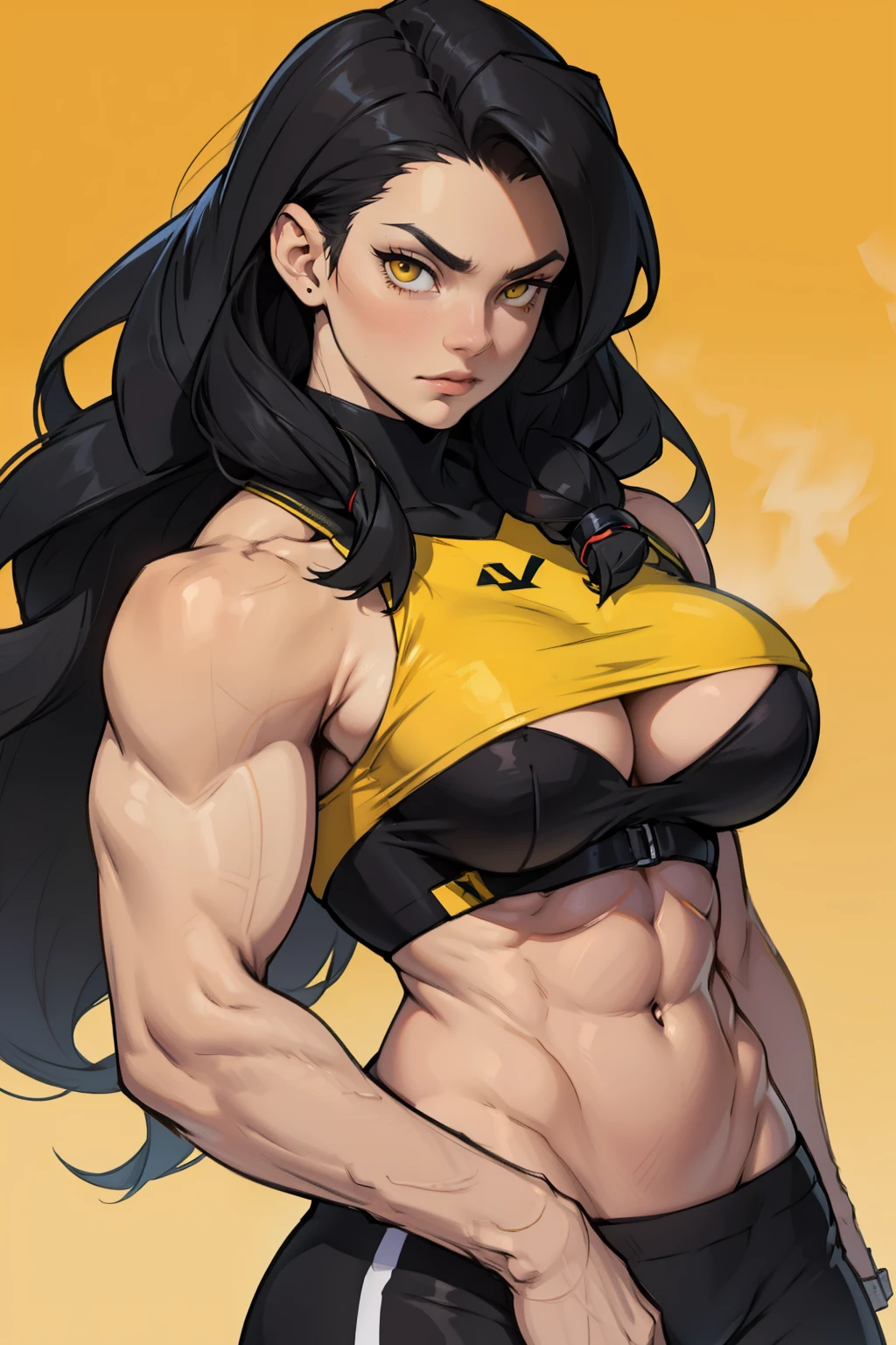 busty muscular girl black hair yellow eyes pale skin looking down looking down looking at viewer