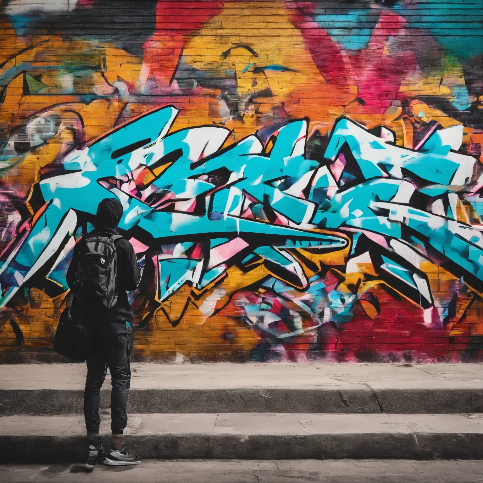 GROUND shot view, a graffiti artist man, pose graffiti with your back to the camera, ultra-detailed body, ultra-detailed hands, ultra-detailed face, ultra-detailed feet, ultra realist style, SPRAY PAINT, (graffiti wall), hyper-detailed art、award-winning work, IMPACTFUL VISUAL, outdoor ARTWORK, CINEMATIC LIGHTING, ARTISTIC DETAILS, DYNAMIC SHADOWS ,ATMOSPHERIC EFFECTS, GRAFITI TEXTURES, HIGH-DEFINITION, IMMERSIVE ENVIRONMENT, SUBTLE COLOR GRADING, AUTHENTIC ATMOSPHERE, DETAILED TEXTURES, award winning ARTWORK, MASTERPIECE ARTWORK, trending on artstation, HDR, UHD, 4K, BY EDUARDO KOBRA.