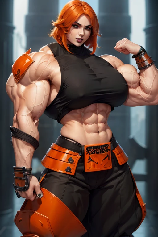 ((((Massive tall, beautiful, buff, pale skinned skinned muscular woman with orange hair, black lipstick, ginormous bulky muscles and wearing an orange samurai armor suit with pants)))), (close view), massive muscle, massive biceps, hyper muscle shoulders, massive shoulders, hyper muscle triceps, (shaggy long hair), orange eyes, (samurai boots), confident smile, ((in a battlefield)), evening, hyper vascular arm, hyper muscles arms, hyper muscle legs, massive arms.
