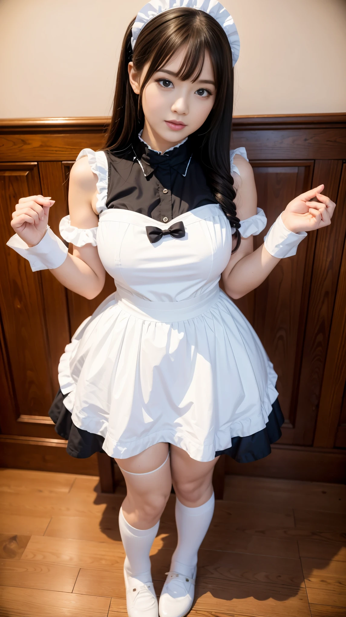 masterpiece, highest quality, High resolution,, Super vivid，Hyper Quality，8k, Real，One girl, Large Breasts,(1.6)，Maid clothes, mini skirt，White knee-high socks，Black loafers，