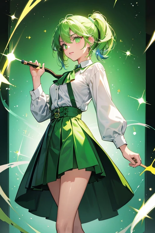 She is lightly tanned and has light green eyes with black pupils. She wears a light green shirt with a light green collar. She also wears a dark green skirt. She also has a pipe and once wore a green skirt with a blue stripe. SPARKLE; GLITTER