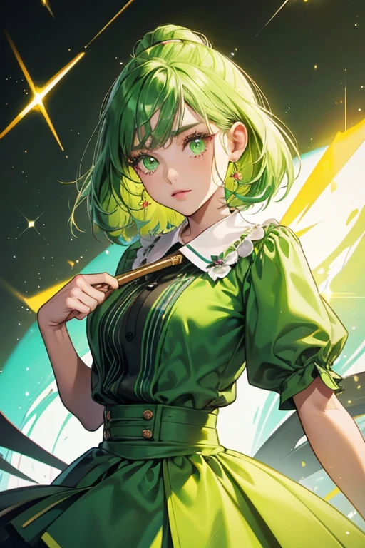 She is lightly tanned and has light green eyes with black pupils. She wears a light green shirt with a light green collar. She also wears a dark green skirt. She also has a pipe and once wore a green skirt with a blue stripe. SPARKLE; GLITTER