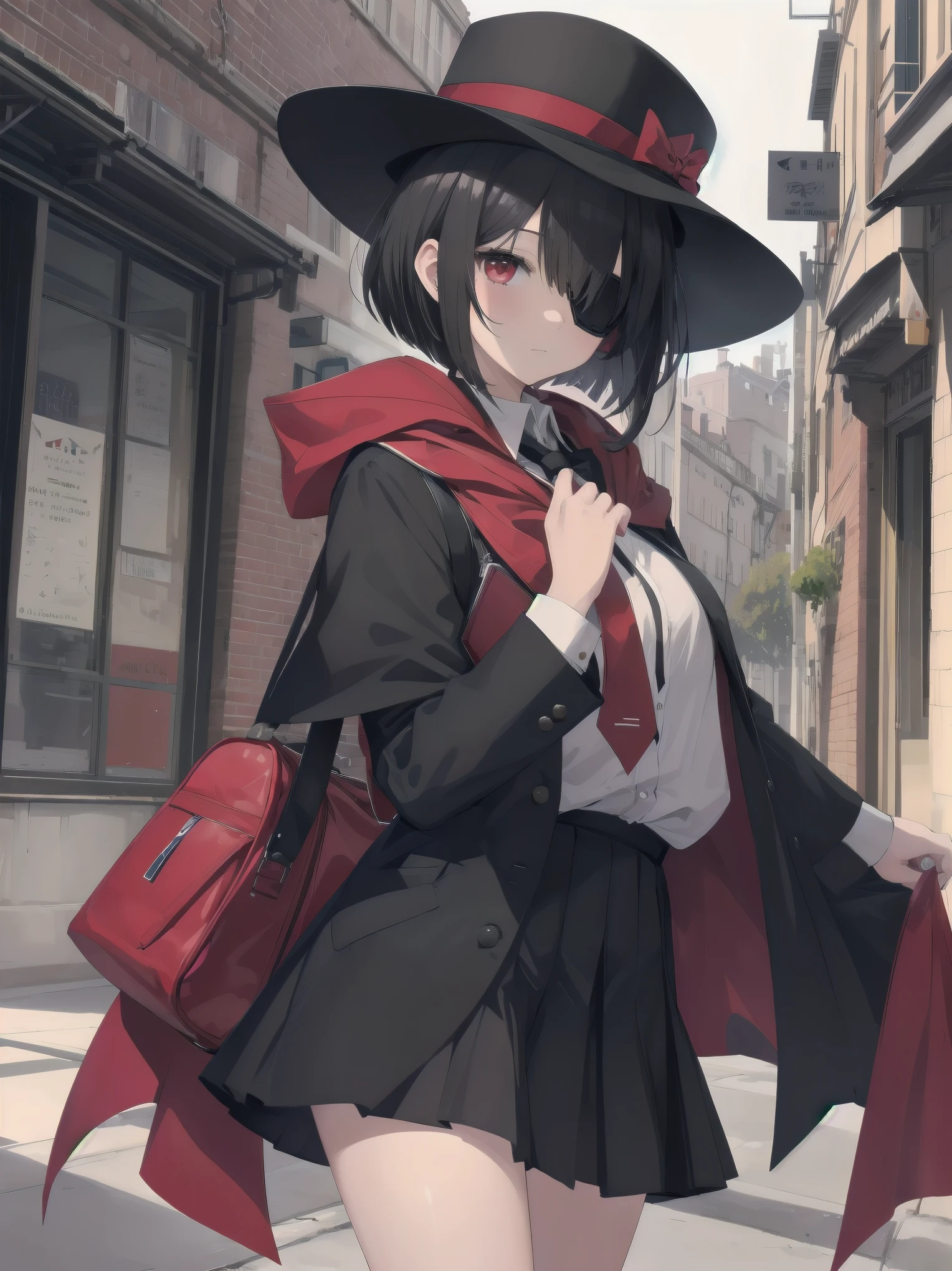 Masterpiece, top quality, super detailed, 16k,
One girl, spring, high school, warm colors, school bag, accurate and highly detailed background, flock of schoolgirls in uniforms of various body shapes and hairstyles, cute.
Blake.
Black hair with a short bob cut with bangs, big red eyes, black cloak, red miniskirt, black pointy hat, and wizard-like outfit.
Robe, cane, eyepatch over left eye,