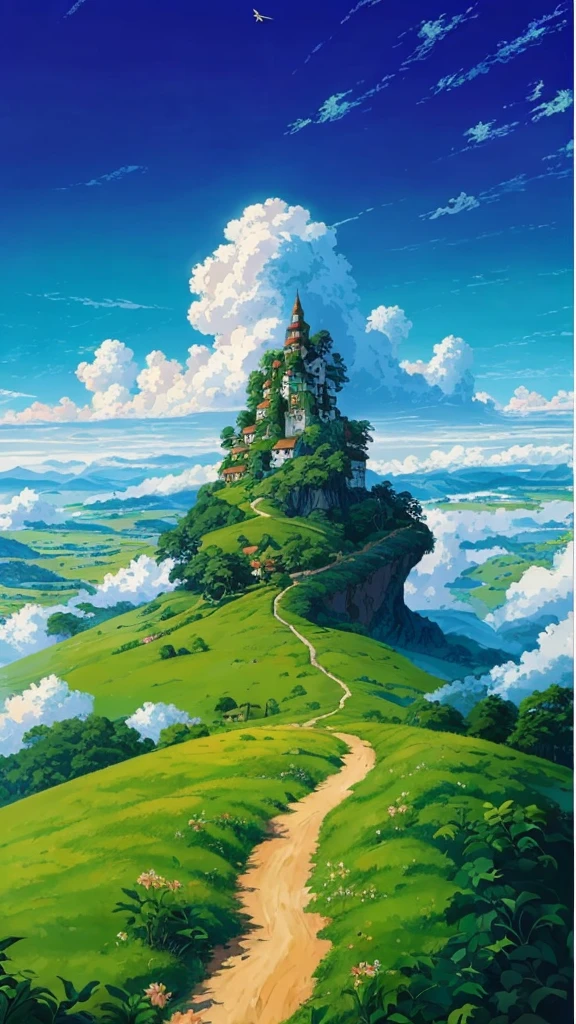 a painting of a path leading to a castle on a hill, flying cloud castle, castle in the sky style, castle in the sky, isometric island in the sky, detailed scenery —width 672, anime countryside landscape, studio ghibli landscape, by Raymond Han, beautiful painting of a tall, flying island in the sky, anime landscape