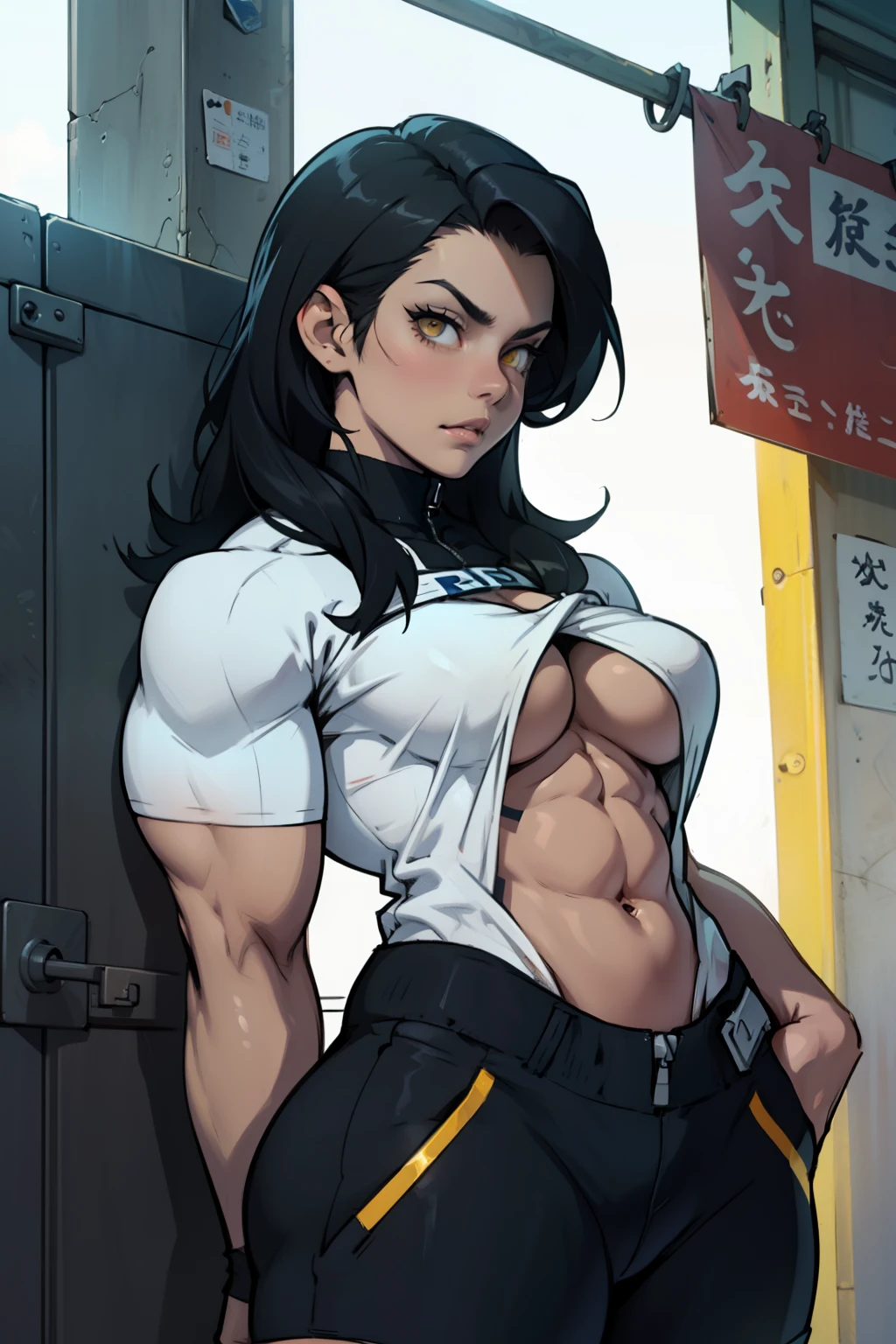 busty muscular girl black hair yellow eyes pale skin looking down looking down looking at viewer