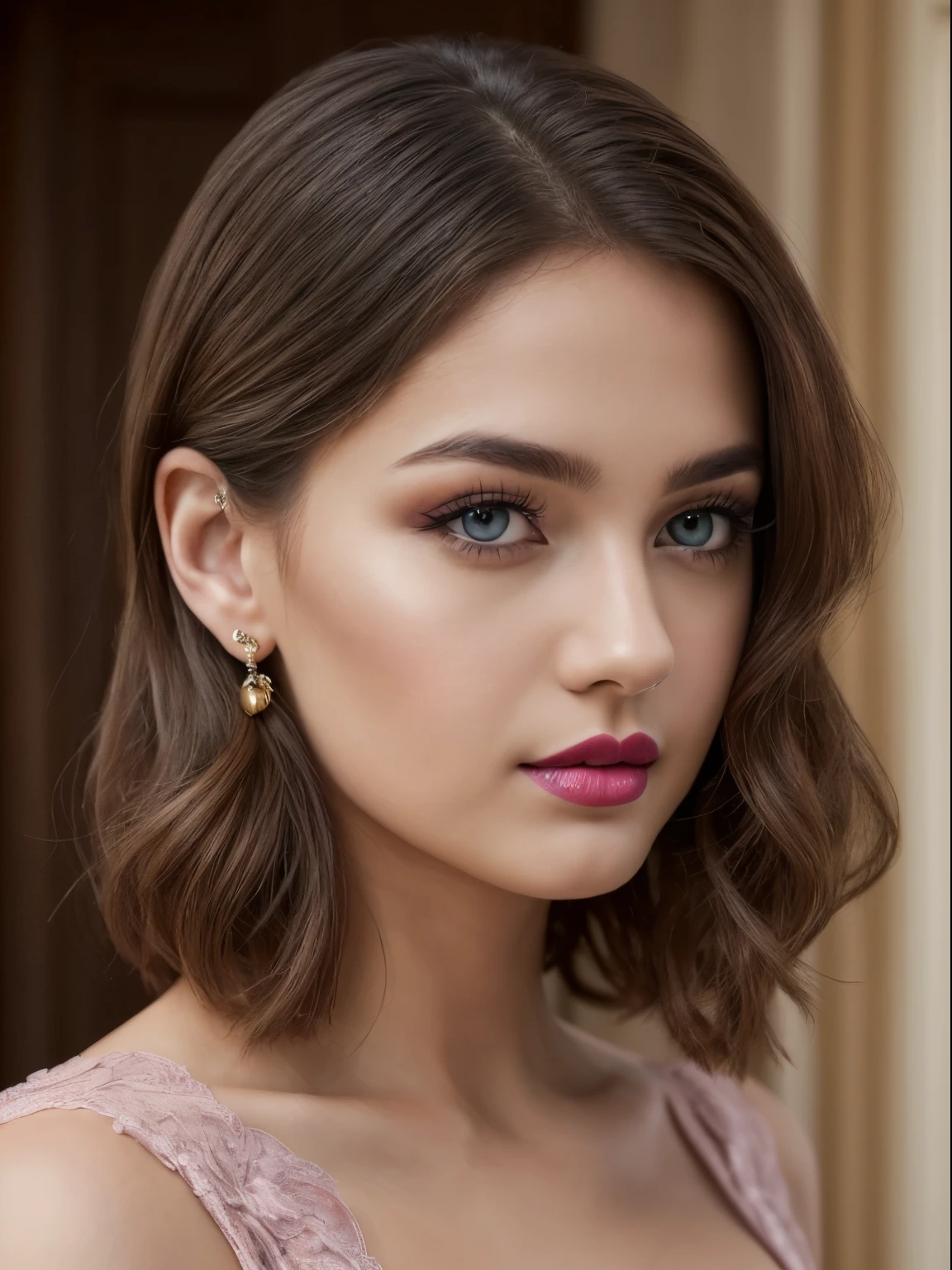 (Best quality,8K,A high resolution,Masterpiece:1.2, DSLR, 16k ),Ultra-detailed,(Realistic,Photorealistic,photo-realistic:1.37),Portrait, Creative style artwork, Historical, classical, Sophisticated, plethora of colors ,Highly detailed, Soft lighting, luxurious environment , black dress, there is young woman , girl wearing a red classy royal dress, performing a music video, slim fit (oval perfect shape, asymmetrical face structure, perfect proportion, almond eye type, hazal eye color, detailed eyes, brown hair color, 32 inch breasts, hourglass figure, slim body, pale white skin tone ,sexy girl, 21 years old, soft wavy hair, looking away, attitude expression, professional makeup, pink lips)