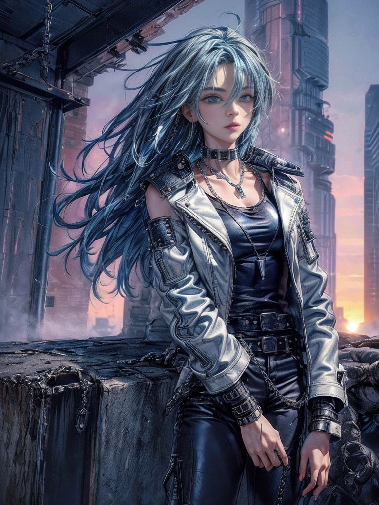 cinematic lighting、highest quality,cyberpunk world、1 female、(20 year old beautiful woman、Detailed beautiful facial featureEdium hair blue hair、shoulder length hair、messy hair、blue eyes:1.4)break,medium hair、(Bright blue hair:1.5)
break
((dark leather rebellion) theme),(Punk Rock T-Shirt:1.3) (A leather outfit with a fitted white leather jacket, leather pants, And thick boots:1.1), (Accessorized with silver chain jewelry and a studded leather belt:1.3)、break.(blue hair)
(Evening after the rain、I can see the sunset、Where you can see futuristic buildings in the distance、Wet area immediately after rain:1.2)break(portrait angle)