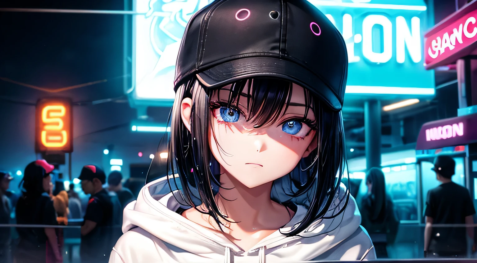 woman　1 person　Black Hair　Berry Short　Large hoodie　plain baseball cap　Perfect facial expression　Perfect hair description　Perfect eye depiction　Neon Town　Neon Light　rain