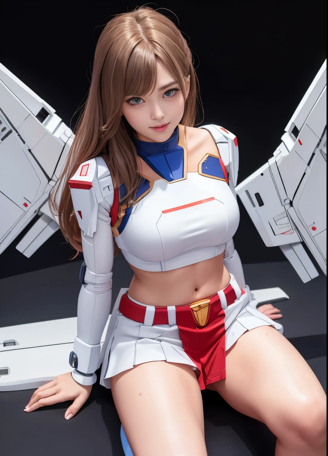 (highest quality)、(masterpiece)、detailed、realism、Mobile Suit Gundam F91 Personification、Great highlights on the upper body, Powerful Mech、Beam rifle, girl、22 years old, , Flower Helmet、Beautiful Eyes, Modest nose、Moisturized lips、smile、Breast cleavage、Absolute area、Wet slightly thick thighs、A little chubby、mini skirt、Chibi Character、Very affectionate love relationship、universe、Enemy battle scene、Spread your legs、Pussy、Be enchanted by amazing beauty、