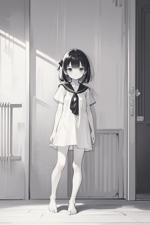 monochrome,masterpiece,illustration, best quality, best aathetic,full body,simple,white one-piece, girl,from front,barefoot,,standing,