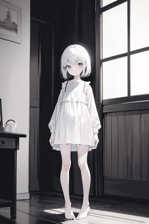 monochrome,masterpiece,illustration, best quality, best aathetic,full body,simple,white one-piece, girl,from front,barefoot,,standing,