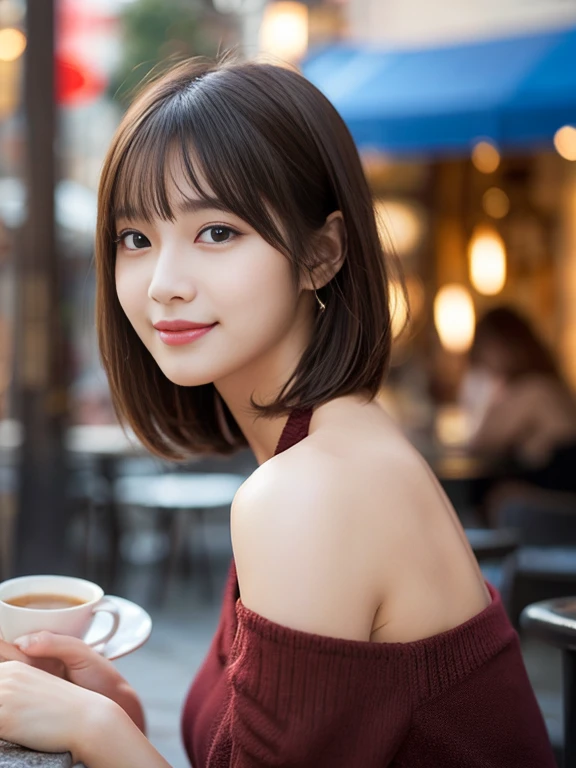 （highest quality:1.5）、(Realistic:1.5)、(1 person:1.5)、Very detailed、finely、High resolution、8k wallpaper、Perfect dynamic composition、Small breasts、Natural color lip、Cute smile、Japanese women、20-year-old girl、Beautiful and elaborate face、Perfect and beautiful face、Beautiful and detailed、Big eyes、Brunette eyes、Beautiful and elaborate face、Perfect and beautiful double eyelids、Natural Bangs、Beautiful thin nose、Beautiful Skin、Maroon brown hair、Medium Bob Hair、Short Hair、Natural Bangs、Open Cafe、Terrace seats、Perfect and beautiful face、Natural pose、Slim face and figure、(looking at the camera)、Bright lighting、Professional Lighting、front lighting、Bold sexy pose、Natural smile、Cold Shoulder、Halter Shoulder、Beautiful clavicle、（A sexy shot of her looking straight at the camera）、
