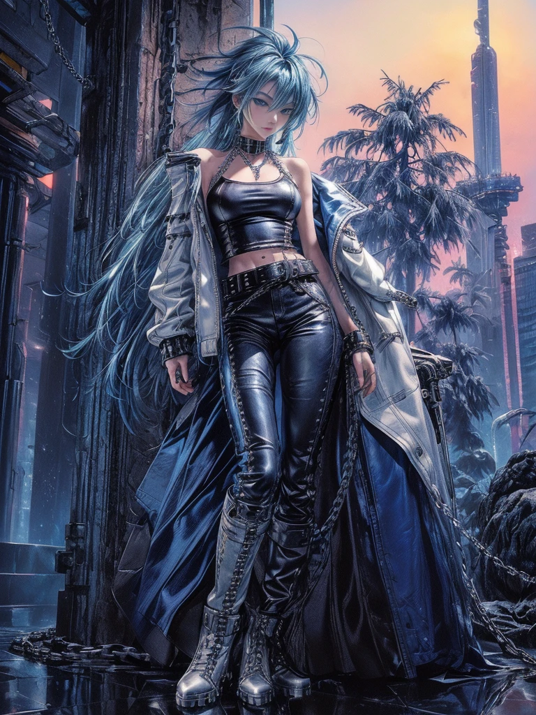 cinematic lighting、highest quality,cyberpunk world、1 female、(20 year old beautiful woman、Detailed beautiful facial featureEdium hair blue hair、shoulder length hair、messy hair、blue eyes:1.4)break,medium hair、（Bright blue hair:1.5）
break
((dark leather rebellion) theme),（Punk Rock T-Shirt:1.3） (A leather outfit with a fitted white leather jacket, leather pants, And thick boots:1.1), (Accessorized with silver chain jewelry and a studded leather belt:1.3)、break.（blue hair）
（Evening after the rain、I can see the sunset、Where you can see futuristic buildings in the distance、Wet area immediately after rain:1.2）break（portrait angle）