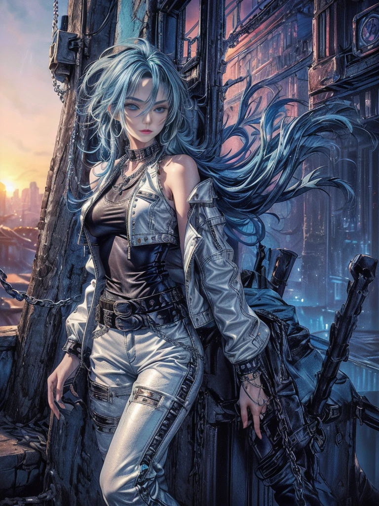 cinematic lighting、highest quality,cyberpunk world、1 female、(20 year old beautiful woman、Detailed beautiful facial featureEdium hair blue hair、shoulder length hair、messy hair、blue eyes:1.4)break,medium hair、（Bright blue hair:1.5）
break
((dark leather rebellion) theme),（Punk Rock T-Shirt:1.3） (A leather outfit with a fitted white leather jacket, leather pants, And thick boots:1.1), (Accessorized with silver chain jewelry and a studded leather belt:1.3)、break.（blue hair）
（Evening after the rain、I can see the sunset、Where you can see futuristic buildings in the distance、Wet area immediately after rain:1.2）break（portrait angle）