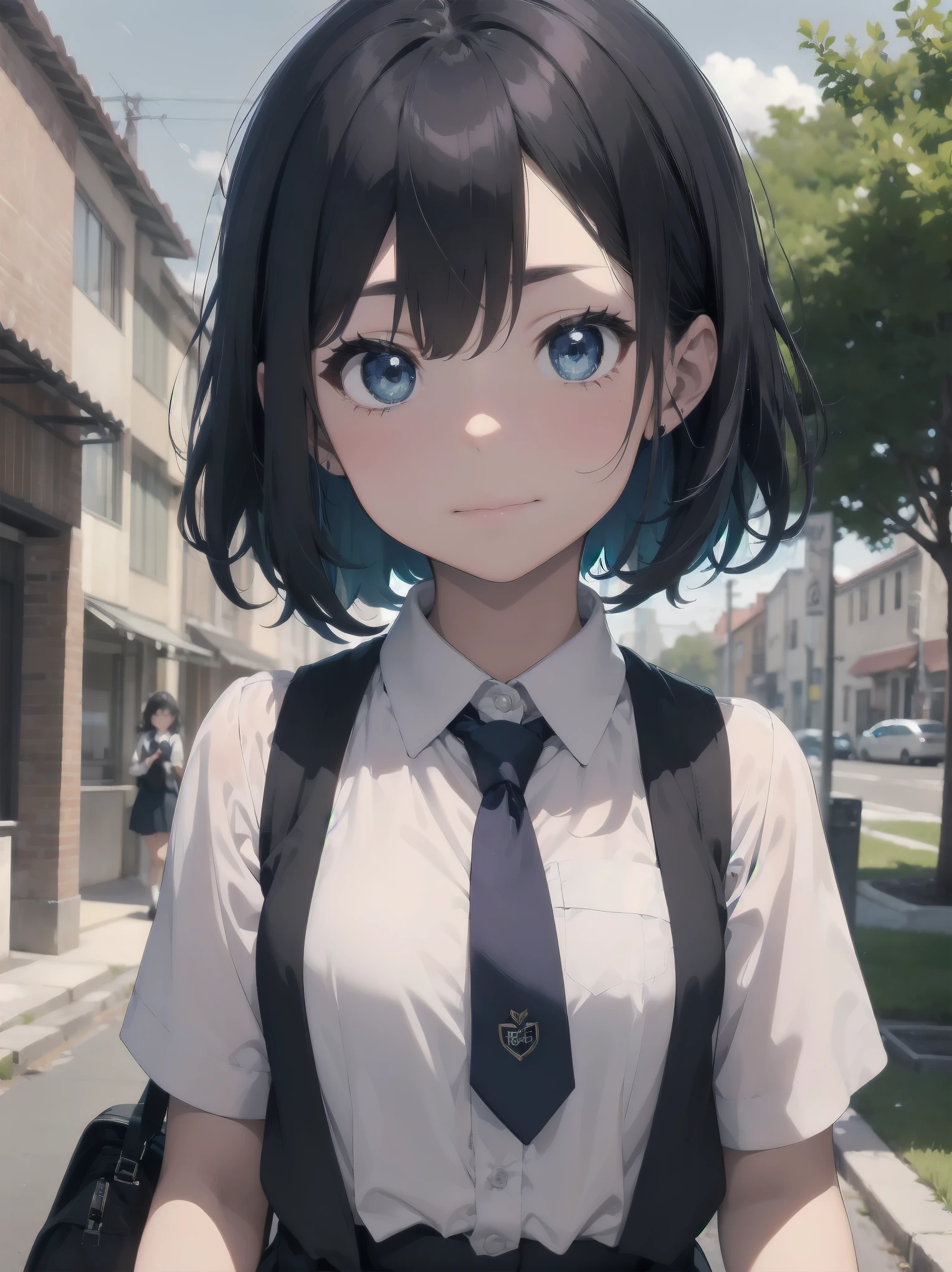 Masterpiece, top quality, super detailed, 16k,
One girl, spring, high school, warm colors, school bag, accurate and highly detailed background, flock of schoolgirls in uniforms of various body shapes and hairstyles, cute.
Blake.

akane kurokawa, 1girl, short hair, blue hair, green eyes, black hair, medium hair, white shirt, collared shirt, , vest, white shirt, sweater vest, black vest, blue necktie, one-length bob, create bangs, add some lightness to the area around the face, and leave the ends of the hair thick throughout. dark blue-purple hair, blue eyes