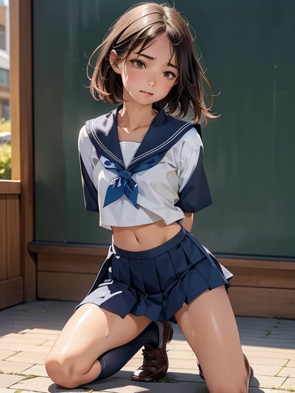 (Realistic:1.5), (masterpiece、Extremely detailed 8K CG、Sharp lines:1.2)、high school girl、Black-haired、Thighs Thighs Thighs Thighs、Beautiful Anime 、Smooth anime CG art、Beautiful Anime 、Beautiful Anime girl, (Beautiful 10 year old girl:1.4), Detailed skin, (Glowing Skin:1.6)、short hair、Beautiful black hair、Brown Eye、(A lot of sweat:1.2), (Flat Chest:1.6), (Emaciated:1.5), (school uniform:1.7), (Sailor suit:1.6), (Dark blue pleated skirt:1.6), (whole body:2.2), alone, (One Girl:1.4), (Kneel:1.5), (From the side:1.5), (From below:1.3), In the classroom, (blush:1.5), (distress:1.4), (Spread your legs:1.4), (Open your mouth:1.3), (A large amount of clear drool overflows from her mouth.、Dripping from the chin.:1.4), (Half closed eyes:1.3), (Sweat flows from the pubic bone:1.5), (Are crying:1.4), (Countless tentacles clinging to her:1.4), (Short sleeve:1.2), (Navy Socks:1.5), (Brown Loafers:1.5), (Put your arms behind your back:1.5), (arched back:1.4), (Beautiful feet:1.5),NSFW