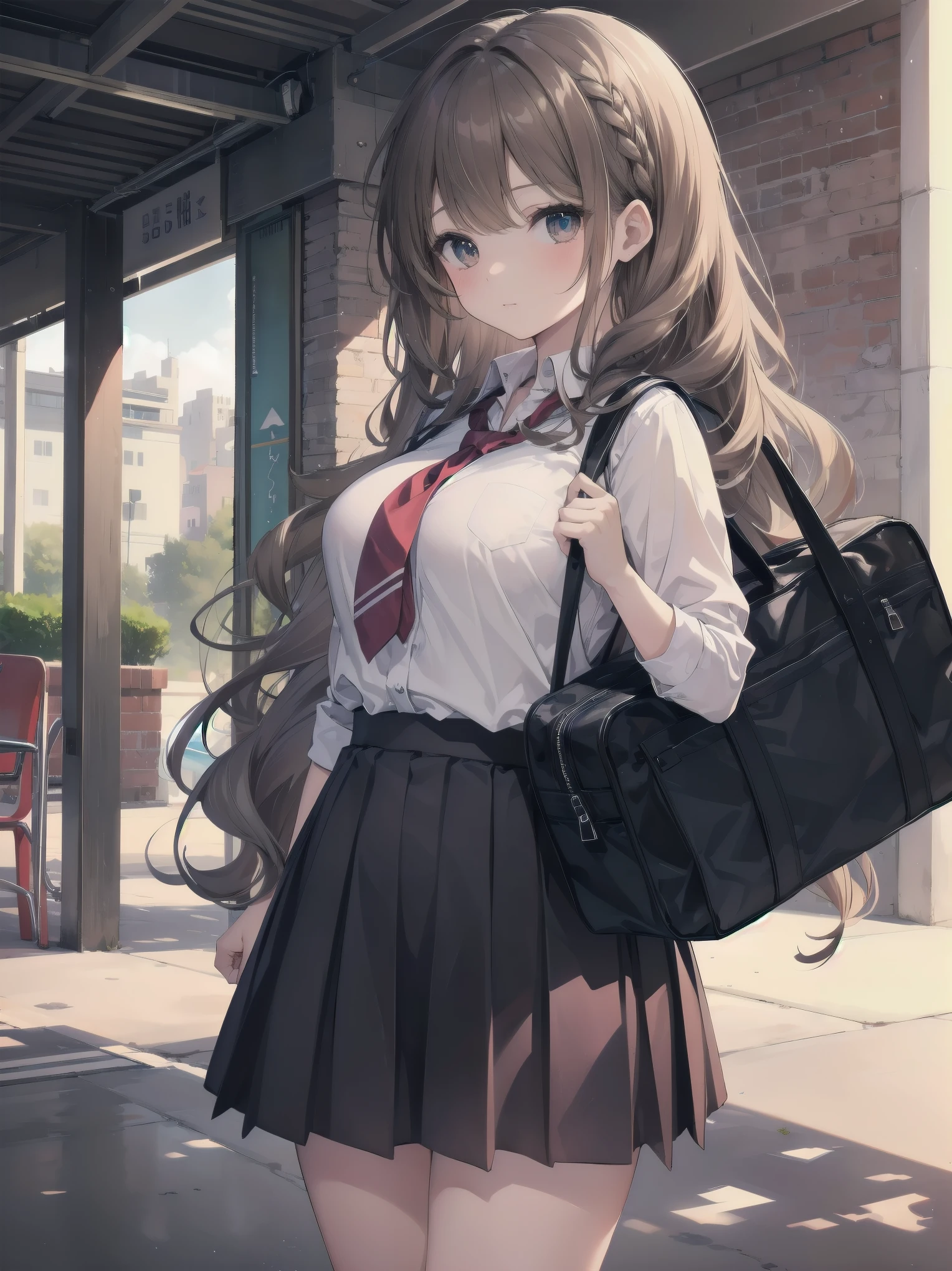 Masterpiece, top quality, super detailed, 16k,
One girl, spring, high school, warm colors, school bag, accurate and highly detailed background, flock of schoolgirls in uniforms of various body shapes and hairstyles, cute.
Blake.

A beautiful girl with wavy crimson hair. she is very well developed