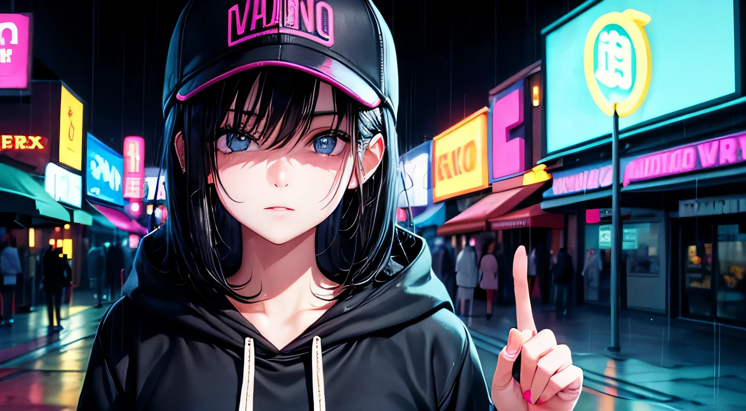 woman 1 person Black Hair Berry Short Large hoodie plain baseball cap Perfect facial expression Perfect hair description Perfect eye depiction Neon Town Neon Light it's raining