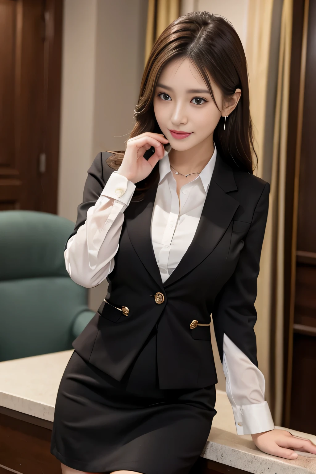 Tabletop, highest quality, Realistic, Very detailed, finely, High resolution, 8k wallpaper, One beautiful woman,, Light brown messy hair, ,Big earrings、He is wearing a black see-through dress shirt with an open collar...., Sharp focus, Perfect dynamic composition, Beautiful and detailed, Thinning hair, Detailed Realistic skin texture, smile, Close-up portrait, Model Body Type、president'secretary、mini skirt、High heels、whole body、business suit、