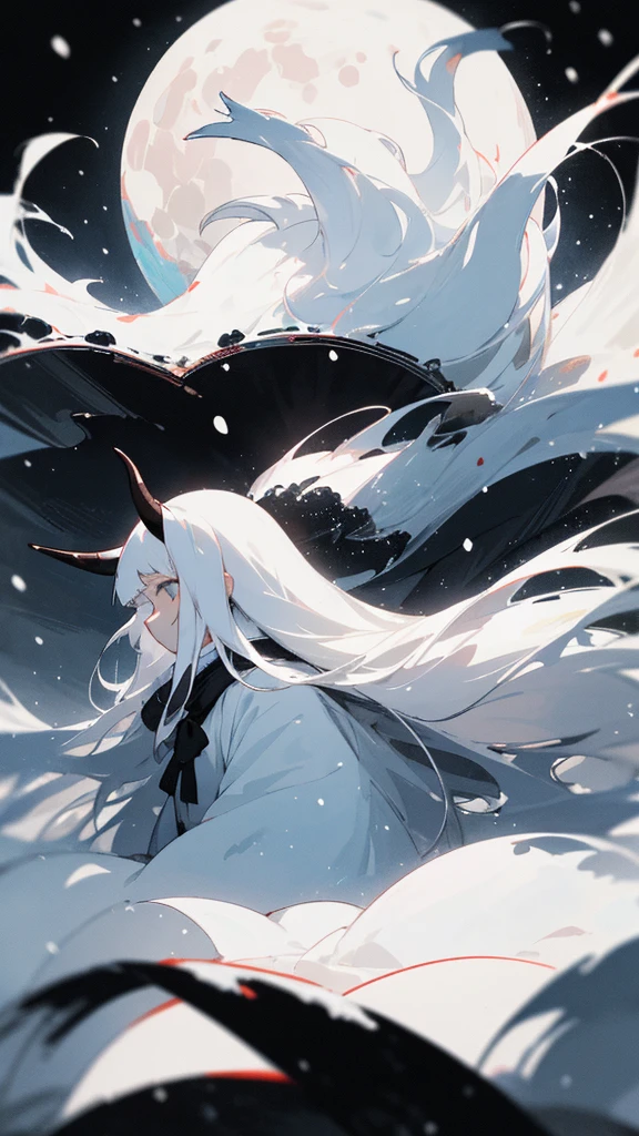 (masterpiece、highest quality)、Warm lighting、 Blurred foreground、Deep in the night、High Contrast,it's snowing,Black night,full moon,universe,planet,Moon and Earth,Ruined World,Very long white hair,Princess Kaguya,Snow-white long hair,White horn,Flying in the sky