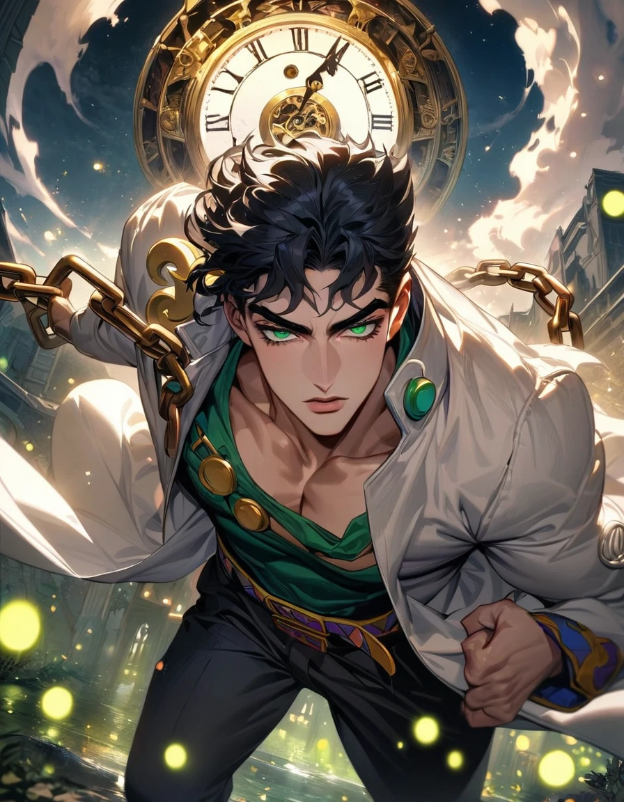 absurdres, highres, ultra detailed, HDR, master piece, best quality, extremely detailed face and eyes, perfect face, Jotaro Kujo, expressive green eyes, black hair, jojo bizarre adventure, solo, sexy man, handsome, white coat, black pants, clock mechanical moon, fantasy, chains, fireflies